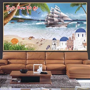 Tranh thuận buồm xuôi gió bãi cát dài và con thuyền đẹp ngoài biển lớn