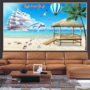 Tranh thuận buồm xuôi gió cái chòi trên bãi biển và con thuyền trắng