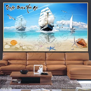 Tranh thuận buồm xuôi gió con thuyền lớn chạy vào bờ 3d