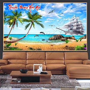 Tranh thuận buồm xuôi gió những hòn đá trên biển và con tàu đang chạy