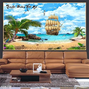 Tranh thuận buồm xuôi gió con thuyền gỗ lớn và những áng mây 3d