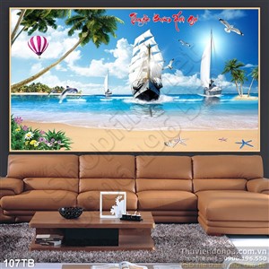 Tranh thuận buồm xuôi gió cây dừa và đoàn thuyền cập bờ wall