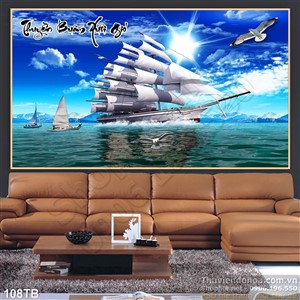 Tranh thuyền buồm xuôi gió con thuyền lớn và những con thuyền nhỏ