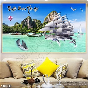 Tranh thuận buồm xuôi gió hòn đảo và con thuyền bến đó