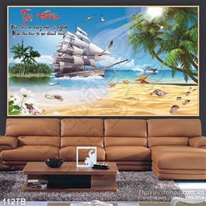 Tranh thuận buồm xuôi gió 3d bãi cát đẹp và con thuyền vào bờ