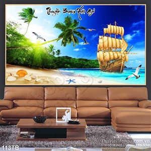 Tranh thuận buồm xuôi gió rừng dừa và con thuyền lớn neo đậu