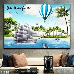 Tranh thuận buồm xuôi gió in uv con thuyền và khinh khí cầu