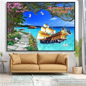 Tranh thuận buồm xuôi gió cây cổ thụ và con thuyền gỗ in uv