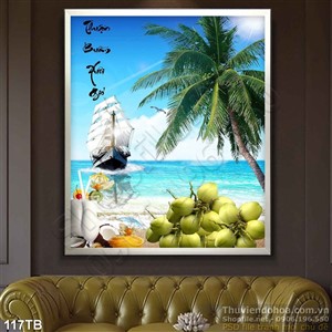 Tranh thuận buồm xuôi gió trái dừa xanh chờ đợi con thuyền chạy về