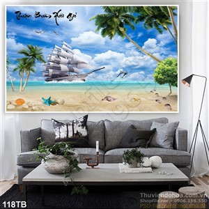 Tranh thuận buồm xuôi gió bãi cát trắng đẹp và bầu trời trông xanh