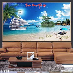 Tranh thuận buồm xuôi gió tắm nắng và con thuyền 3d