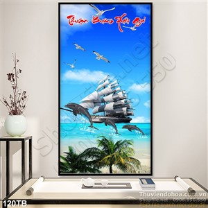 Tranh thuận buồm xuôi gió khổ dọc cá heo bơi theo con thuyền nhỏ