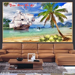 Tranh thuận buồm xuôi gió con thuyền lớn bên bãi cát nhỏ