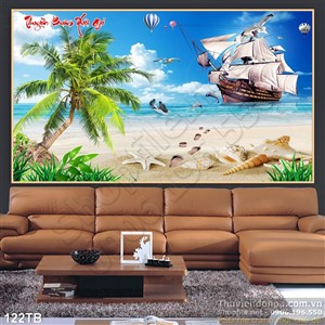 Tranh thuận buồm xuôi gió ốc biển trên bãi cát và con thuyền đẹp