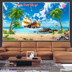 Tranh thuận buồm xuôi gió bãi cát trãi dài và con thuyền cổ