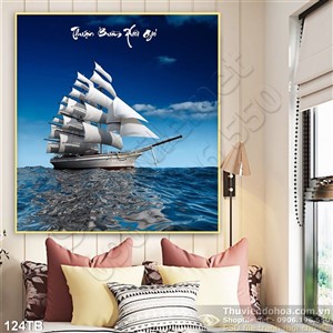 Tranh thuận buồm xuôi gió con thuyền lênh đênh giữa biển