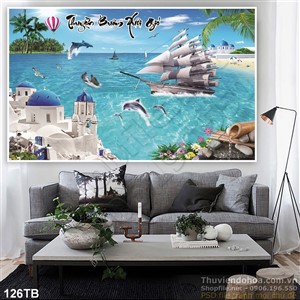 Tranh thuận buồm xuôi gió cảnh biển đẹp lunh linh in uv