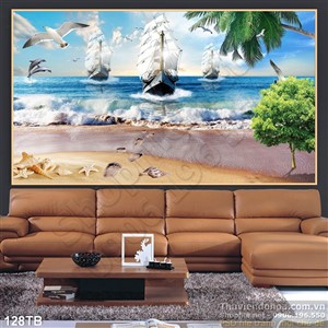 Tranh thuận buồm xuôi gió bãi cát dấu chân và đoàn thuyền 3d wall decor