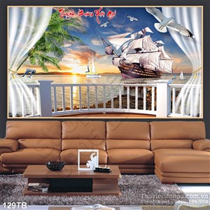 Tranh thuận buồm xuôi gió ánh binh minh và con thuyền lớn 3d