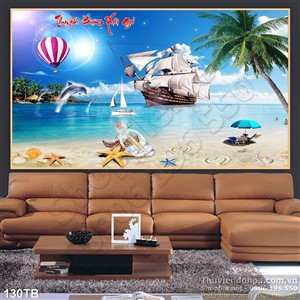 Tranh thuận buồm xuôi gió cá heo vui đùa bên con thuyền lớn 3d