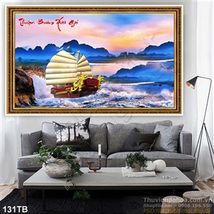 Tranh thuyền buồm xuôi gió con thuyền rồng và sóng lớn