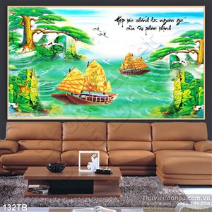 Tranh thuận buồm xuôi gió sơn thủy và thuyền gỗ psd