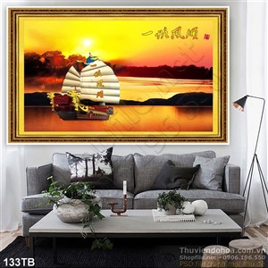 Tranh thuận buồm xuôi gió con thuyền gỗ và mặt nước tĩnh lặng 3d