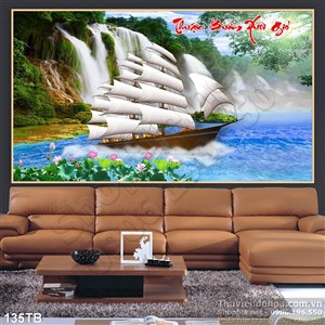 Tranh thuận buồm xuôi gió thác nước và hoa sen in uv đẹp