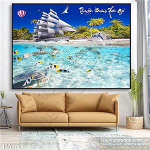 Tranh thuận buồm xuôi gió đàn cá biển và con thuyền