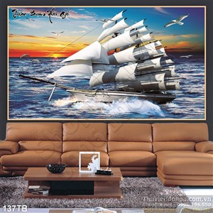 Tranh thuận buồm xuôi gió thuyền lớn và bầu trời bình minh