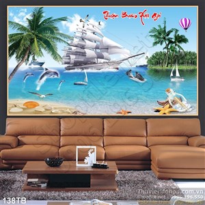 Tranh thuận buồm xuôi gió ốc đảo bên con thuyền lớn