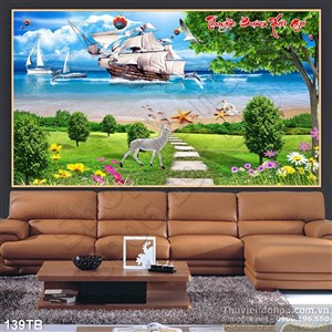 Tranh thuận buồm xuôi gió bãi cỏ tươi xanh nhìn ra cảnh biển  psd