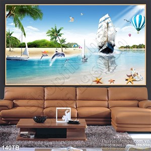 Tranh thuận buồm xuôi gió cá heo nhảy vui đùa cùng thuyền lớn