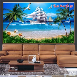 Tranh thuận buồm xuôi gió bãi dừa xanh và thuyền lớn ngoài biển 3d