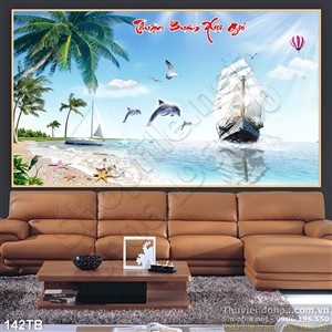 Tranh thuận buồm xuôi gió thuyền gỗ và những chú cá heo tinh nghịch