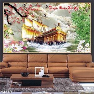 Tranh thuận buồm xuôi gió con thuyền gỗ lớn giả ngọc 3d in uv