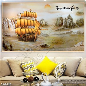 Tranh thuận buồm xuôi gió sơn thủy thuyền gỗ lênh đênh