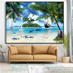 Tranh thuận buồm xuôi gió ốc đảo dừa và cá heo bên con thuyền uv