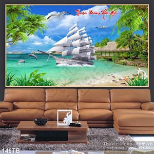 Tranh thuận buồm xuôi gió thuyền và ngôi nhà lá dừa