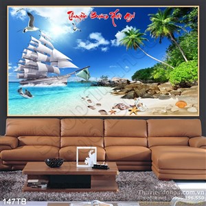 Tranh thuận buồm xuôi gió bãi đá trên bãi biển và con thuyền psd