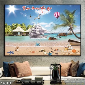 Tranh thuận buồm xuôi gió resort và bãi biển đẹp wall