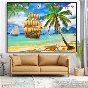 Tranh thuận buồm xuôi gió con thuyền đang cập vào bờ 3d