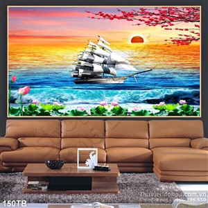 Tranh thuận buồm xuôi gió in uv con thuyền và đám hoa sen