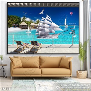 Tranh thuận buồm xuôi gió 3d wall khu nghĩ dưỡng ngắm nhìn con thuyền lớn