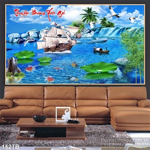 Tranh thuận buồm xuôi gió dòng nước trong và con thuyền lớn