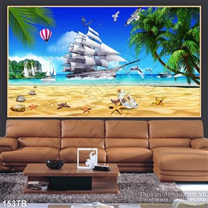 Tranh thuận buồm xuôi gió bãi cát vàng đẹp mà con thuyền lớn psd