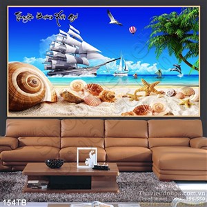Tranh thuận buồm xuôi gió 3d võ ốc trên bãi biển và con thuyền lớn