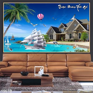 Tranh thuận buồm xuôi gió ngôi nhà lớn và con thuyền cảnh đẹp 3d