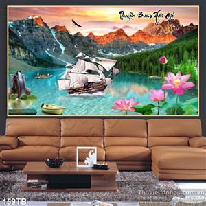 Tranh thuận buồm xuôi gió dãy núi cao và con thuyền trong hồ lớn