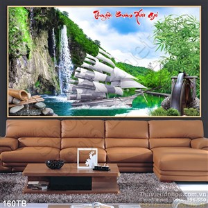 Tranh thuận buồm xuôi gió thác nước và con thuyền trắng in psd